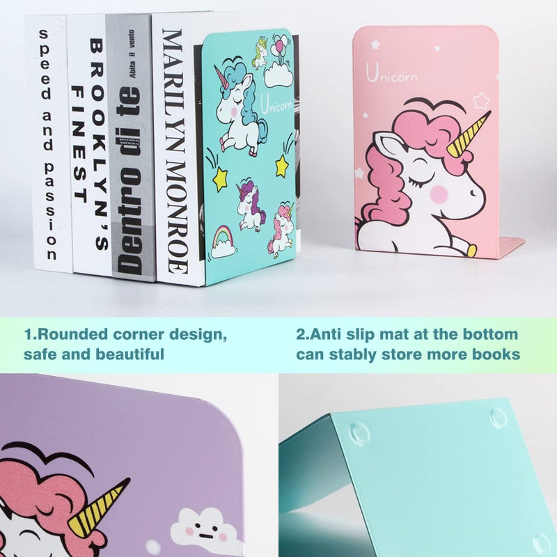 Zyners 8 Pieces Bookends, Metal Bookends for Shelves, Non-Skid Heavy Duty, Unicorn Cute Book Ends for Kids, Girls, Children(5.3 x 4 x 7.5 inches) - Image 3